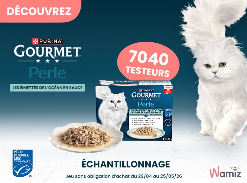Boîte d’échantillons gratuits Gourmet Perle Purina Les Emiettés de l’Océan pour chats, offert via Wamiz, inscription en ligne