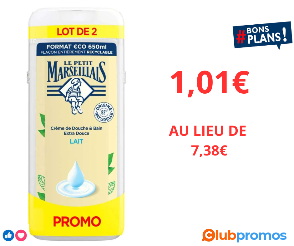 Économise 80% sur le lot de 2 crèmes de douche Le Petit Marseillais - 1,01€ au lieu de 7,38€.png