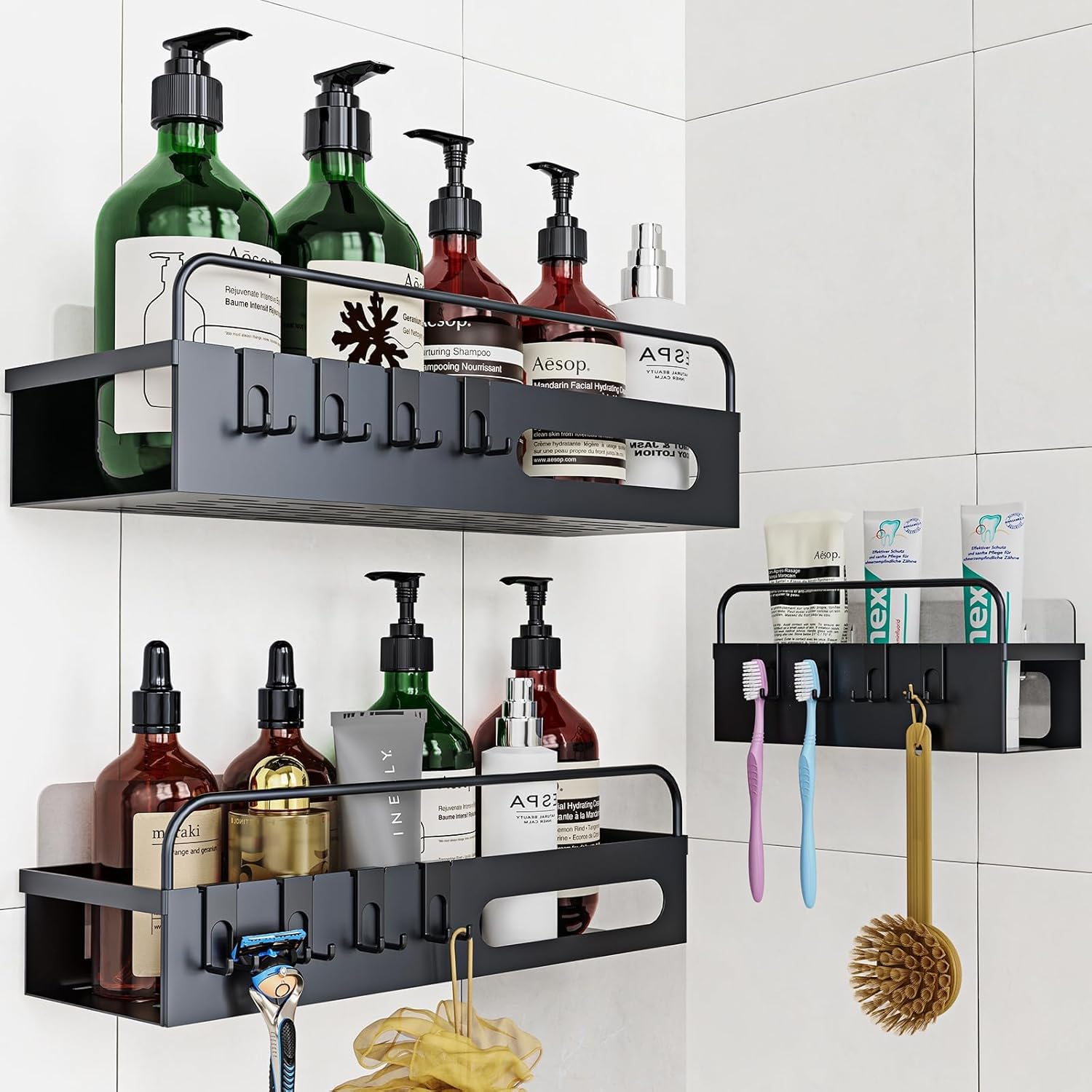  Étagère de salle de bain Uamector sans perçage, installation facile avec adhésif puissant, lot de 3 étagères pour rangement pratique.