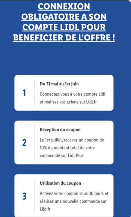 Capture d'écran du site Lidl.fr montrant l'offre 10% remboursés en bon d'achat pour les achats en ligne