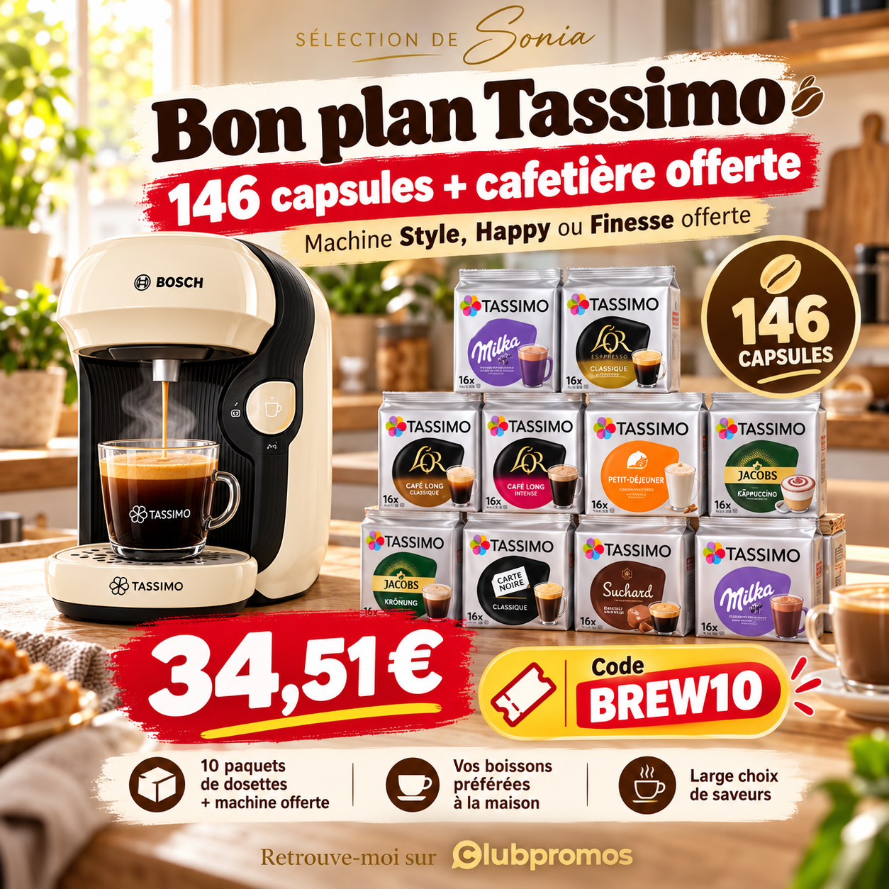 Offre Tassimo de 146 capsules avec une cafetière Style, Happy ou Finesse offerte pour un prix annoncé de 34,51 € avec le code BREW10.
