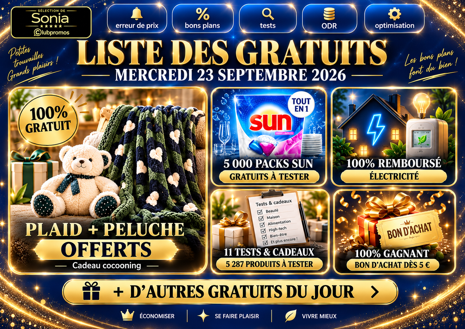 Liste des gratuits du mercredi 23 septembre 2026 : tests produits, cadeaux, offres remboursées et bons plans ClubPromos
