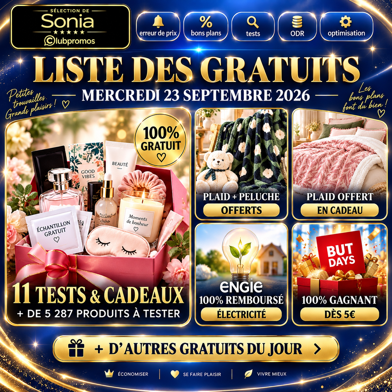 15 gratuits et cadeaux du 23 septembre 2026 avec plus de 5 287 produits à tester, cadeaux offerts, électricité remboursée et jeu 100 % gagnant
