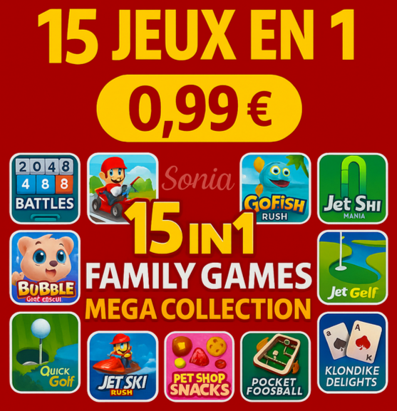 Pack de jeux numériques 15 in 1 Family Games Mega Collection sur Nintendo Switch – offre spéciale à 0,99€ au lieu de 49,99€, idéal pour jouer en famille avec une sélection variée de jeux de course, puzzle, stratégie et arcade – compatible Nintendo Switch Pro Controller et disponible en téléchargement immédiat via le Nintendo eShop – promo valable jusqu’au 19 mai 2025.