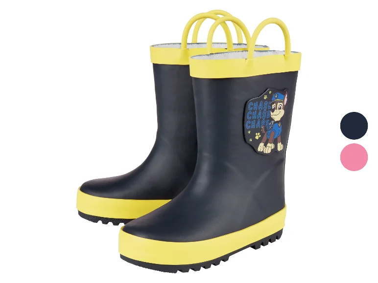  Bottes de pluie enfant Pat’ Patrouille chez Lidl, bleu ou rose, pointures 25 à 30, poignées d’enfilage, doublure textile, semelle profilée