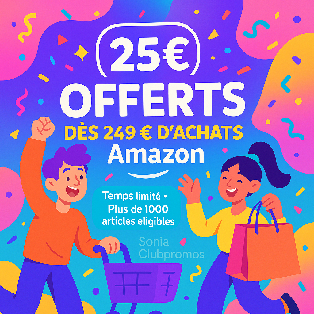 Illustration carrée fun façon cartoon, personnages avec paniers et confettis, mention “25 € offerts dès 249 € d’achats