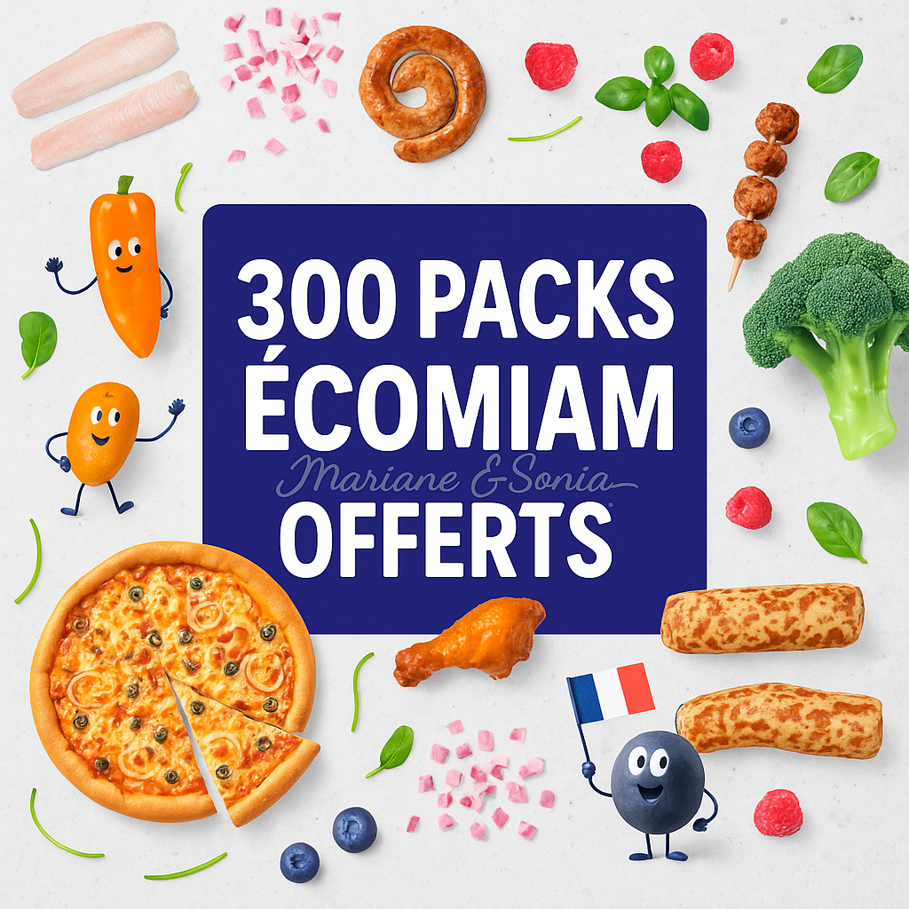 Visuel promotionnel carré illustrant le bon plan trnd avec 300 packs Écomiam offerts en test gratuit. Produits surgelés variés en arrière-plan (pizza, brocolis, glace, poulet, légumes), et message central “300 packs Écomiam offerts” avec mention Mariane & Sonia Clubpromos en filigrane. Idéal pour publication réseaux sociaux, campagne ambassadeur, test de produits gratuits, échantillons alimentaires, offres trnd.