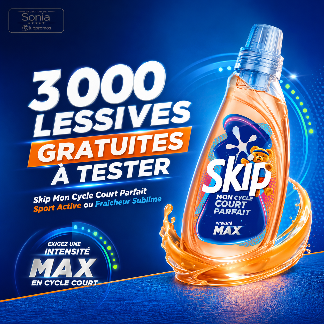 Visuel du test produit TRND permettant à 3 000 participants de tester gratuitement une lessive Skip Mon Cycle Court Parfait Sport Active ou Fraîcheur Sublime.