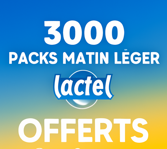 Annonce promotionnelle pour 3000 packs de lait Matin Léger de Lactel offerts, avec un fond dégradé bleu et jaune. Le texte 3000 Packs Matin Léger de Lactel Offerts est bien visible, avec le logo Sonia Clubpromos en filigrane