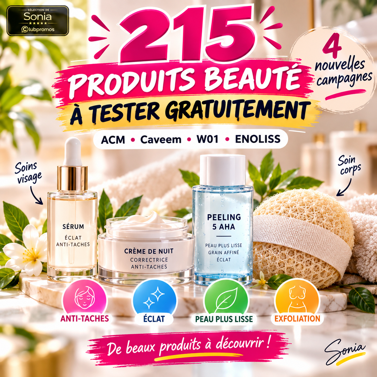 215 produits beauté à tester gratuitement dans 4 campagnes ACM, Caveem, W01 et ENOLISS