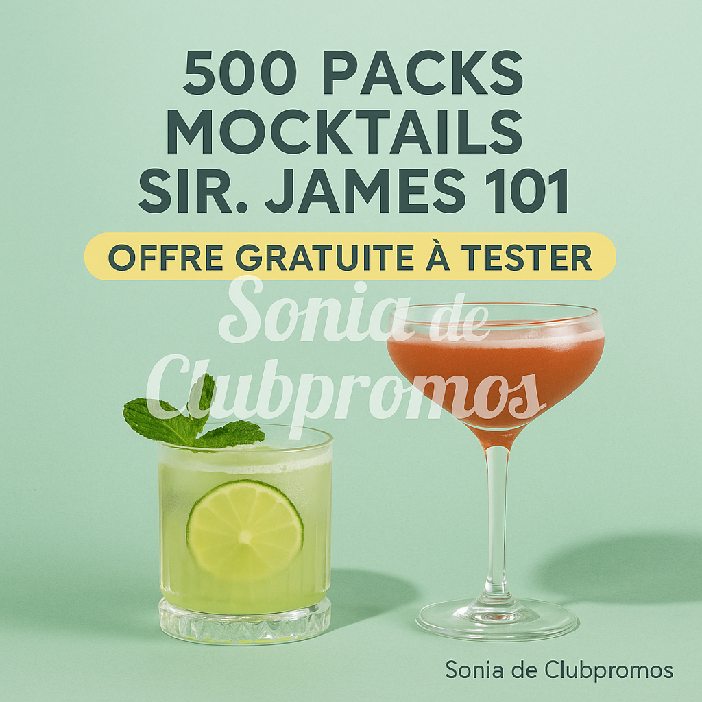 Visuel promotionnel : 500 packs mocktails Sir. James 101 gratuits à tester, fond vert menthe, verres de mojito et spritz.