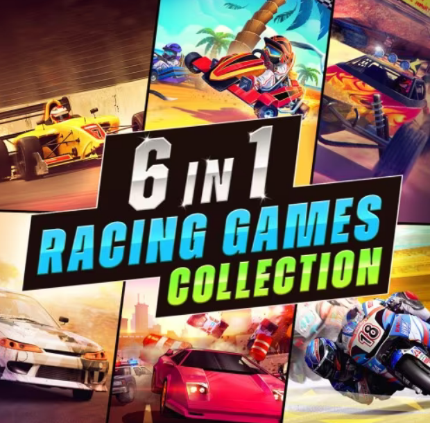 Capture du menu de la collection 6 in 1 Racing Games sur Nintendo Switch – jeu de course arcade avec drift, buggy, F1 et karting, en promo sur le Nintendo eShop