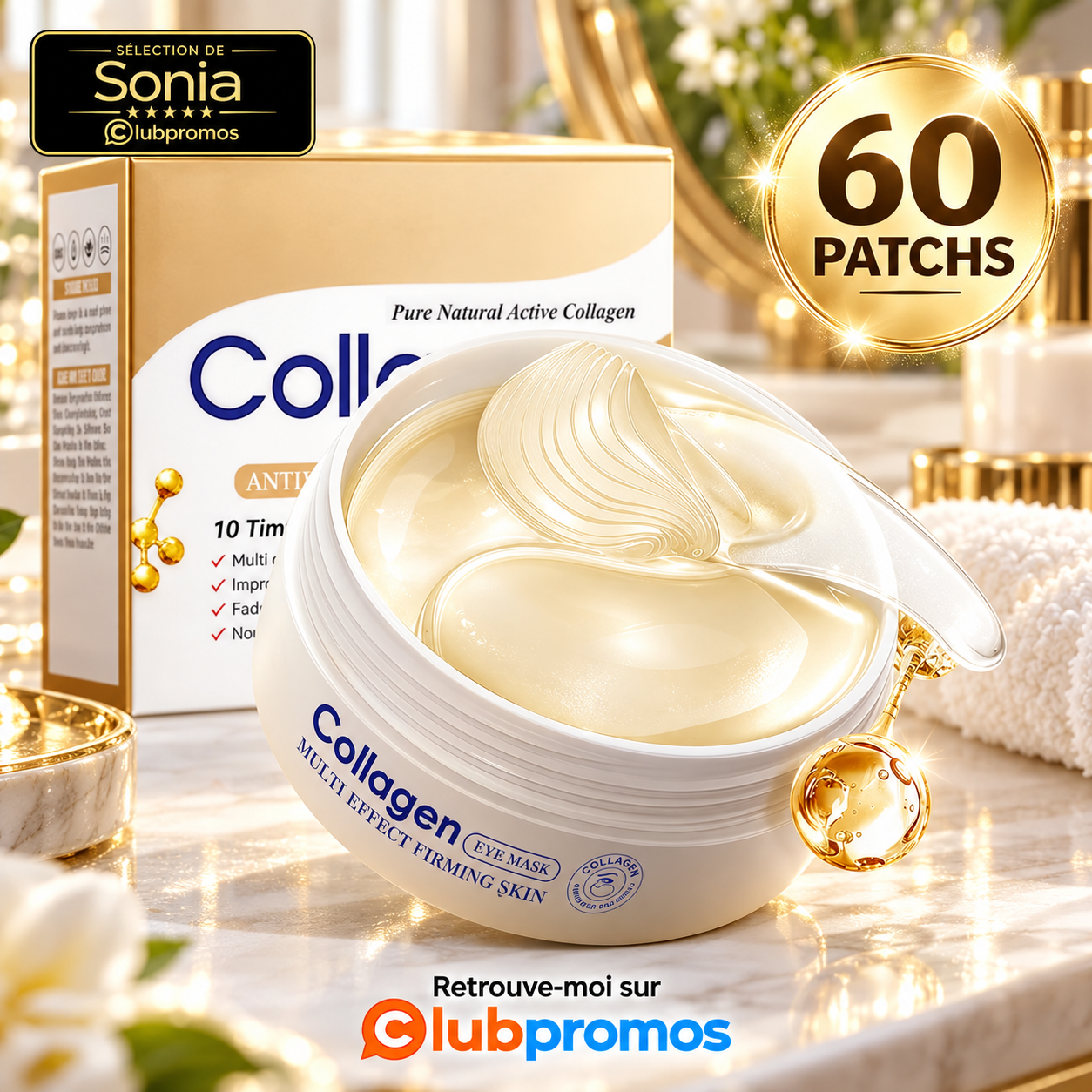 Boîte de 60 patchs hydratants au collagène pour le contour des yeux proposée à 6,99 € sur Amazon.