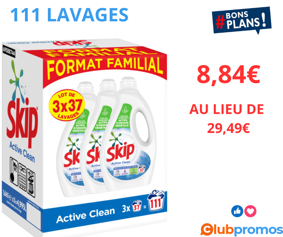 70% de réduction sur un lot de 3 bidons de lessive Skip - Active Clean.png