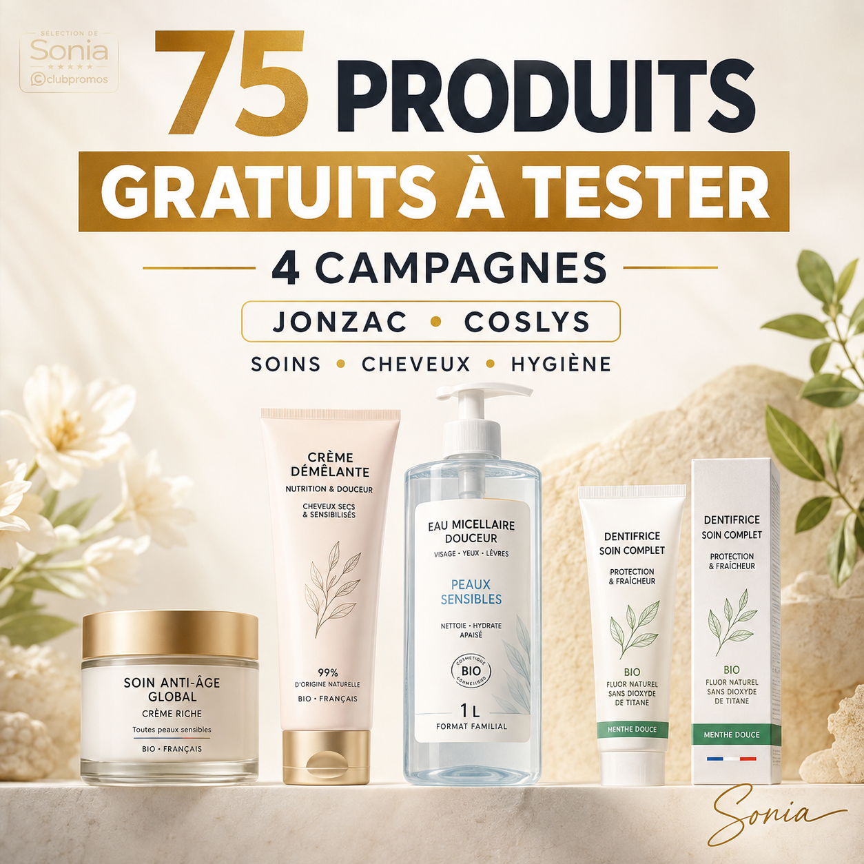 75 produits gratuits à tester avec 4 campagnes Jonzac et Coslys consacrées aux soins, cheveux et produits d’hygiène