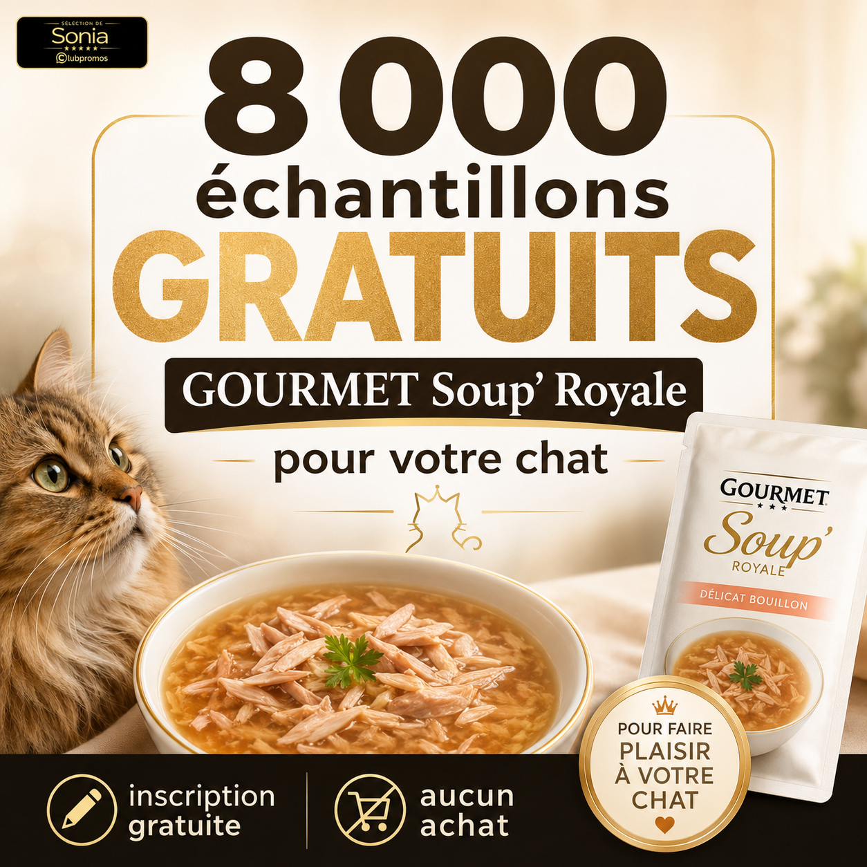 8 000 échantillons PURINA GOURMET Soup’ Royale gratuits à recevoir pour son chat