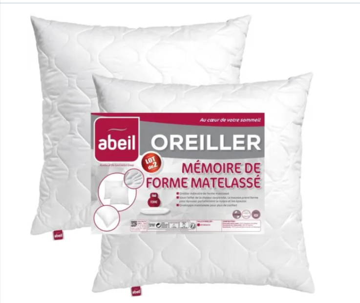 ABEIL lot de 2 oreillers à mémoire de forme matelassés 60x60 cm – Soutien nuque et épaules – C...png