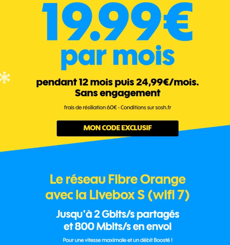  Abonnement fibre Sosh 19,99€ par mois pour les nouveaux clients sur ShowroomPrivé
