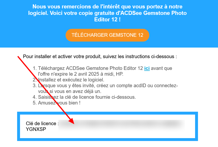 Confirmation de réception de la licence gratuite pour ACDSee Gemstone Photo Editor 12, logiciel de retouche photo avancée, offert gratuitement pour une durée limitée.
