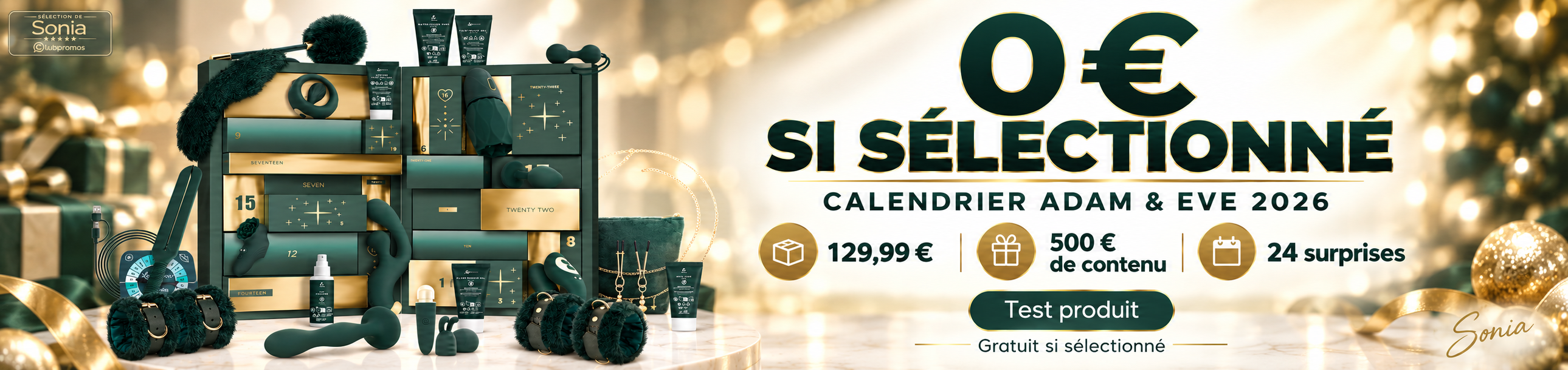 Calendrier de l’Avent Adam & Eve 2026 à tester gratuitement si sélectionné, prix public 129,99 € et valeur annoncée de 500 €