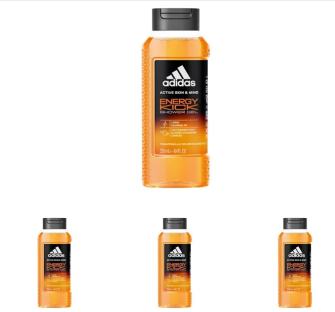 Lot de 4 gels douche Adidas Energy Kick pour homme – Hydratant, vegan, sans savon ni sulfate, à base de menthe et d’acide hyaluronique – Format 4 x 250 ml – Disponible sur Amazon