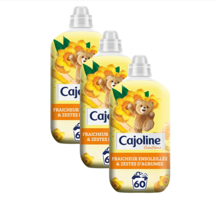  Lot de 3 adoucissants textiles Cajoline Fraîcheur Ensoleillée – 180 lavages au total – Parfum longue durée à libération progressive – Formule douce pour les fibres et la peau – Disponible sur Amazon