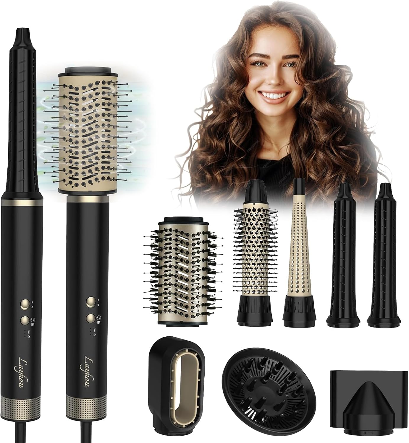  Air Styler 8-en-1, moteur sans balais, 1500W, 8 embouts, brosse soufflante, boucleur et volumateur – coiffage maison rapide et pratique.