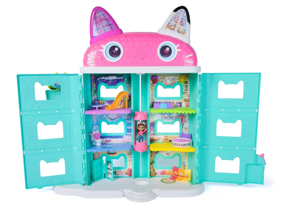 aison de poupée interactive Gabby et la Maison Magique – Le Film, 60 cm, 7 zones de jeu, 15 accessoires, ascenseur, figurine Gabby incluse, bonus QR code