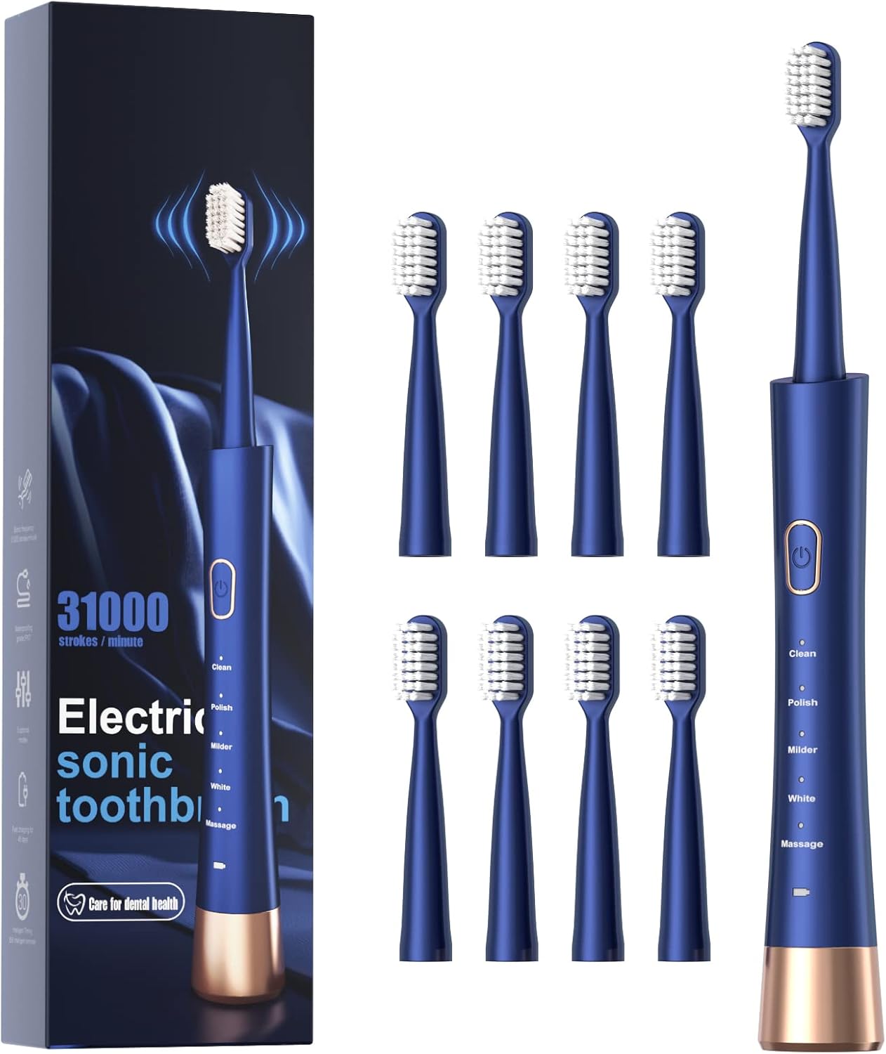 Brosse à dents sonique AJELU IPX7, 5 modes, minuterie 2 min/30 s, 8 têtes incluses, charge USB 2 h, autonomie 30 jours, coloris bleu.