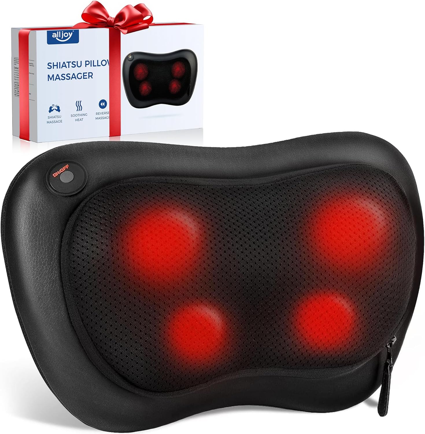 ALLJOY Masseur de Cou Shiatsu coussin chauffant 4 nœuds, 3 vitesses, ergonomique pour nuque, épaules et dos, portable pour maison, bureau et voiture, housse PU amovible, bon plan Amazon à 29,99€.