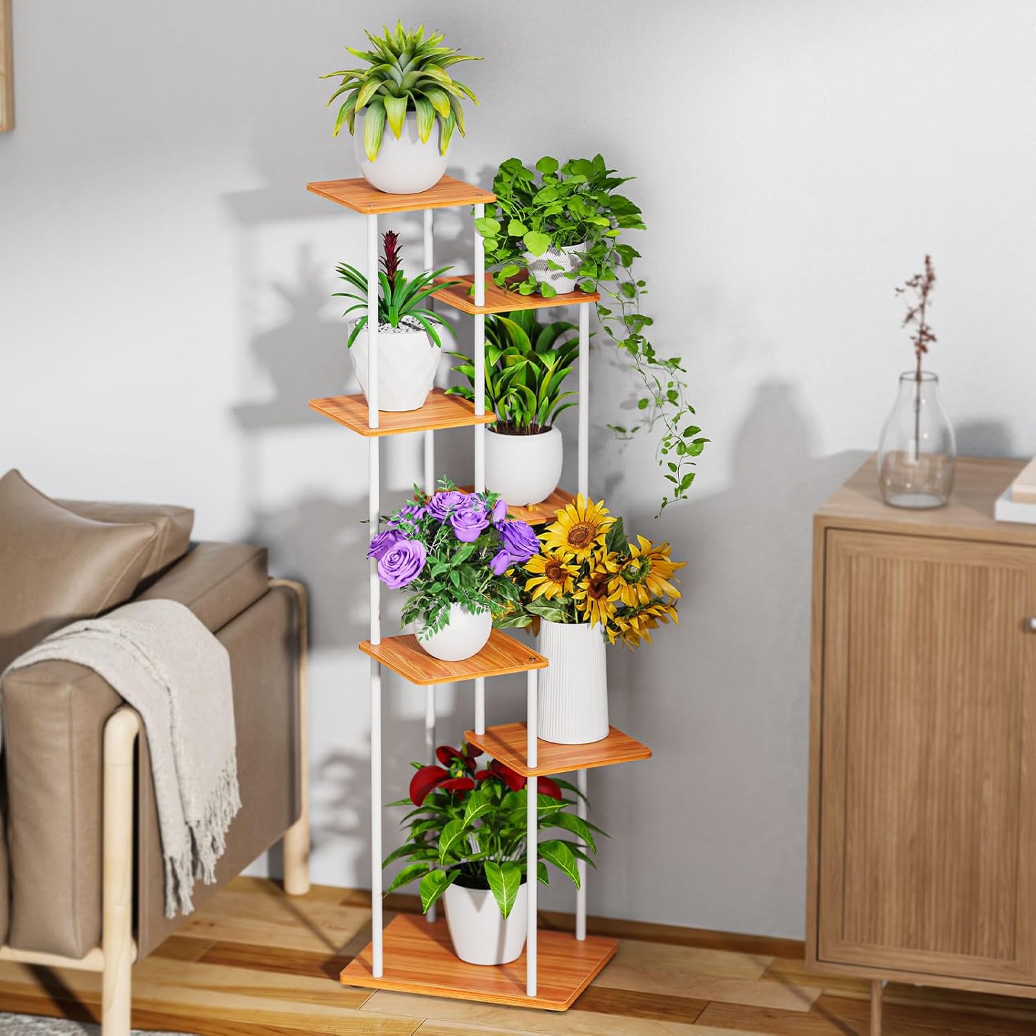 Étagère pour plantes d’angle ALTORICO 7 niveaux, 130 cm, métal et bois, coloris noir — stable, gain de place, intérieur/extérieur