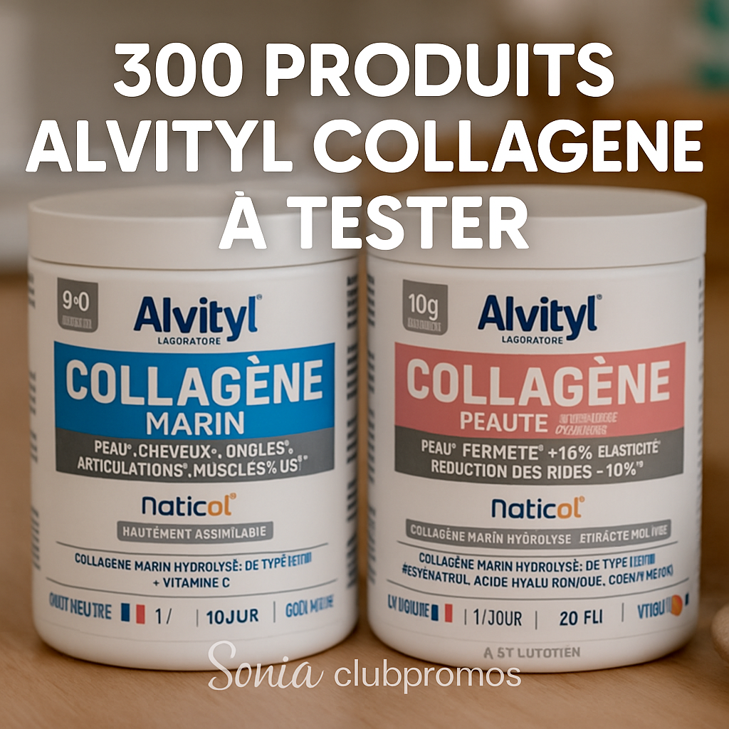 Visuel promotionnel carré avec les pots Alvityl Collagène Marin et Beauté côte à côte, texte 300 produits Alvityl Collagène à tester, idéal pour campagne Sampleo, 