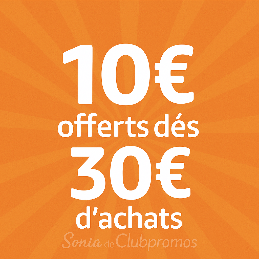 Image promotionnelle carrée aux couleurs vives, avec fond jaune texturé, mettant en avant une offre Amazon de 10€ offerts dès 30€ d’achats. Le logo Amazon est positionné en haut, suivi d’un message central en lettres rouges capitales 10€ OFFERTS DÈS 30€ D’ACHATS, accompagné d’un bouton bleu en bas indiquant Voir l’offre. 