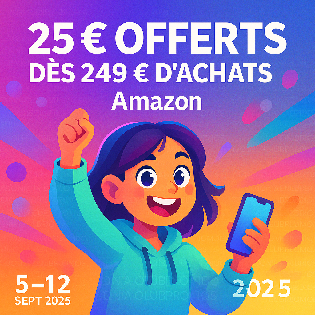  Promotion Amazon septembre 2025 – 25 € offerts dès 249 € d’achats sur une sélection de plus de 1000 articles multi-catégories (jouets, bricolage, cuisine, audio, imprimantes, encres, maison, jardin, beauté), remise immédiate au panier, livraison Prime, période 05–12/09/2025.