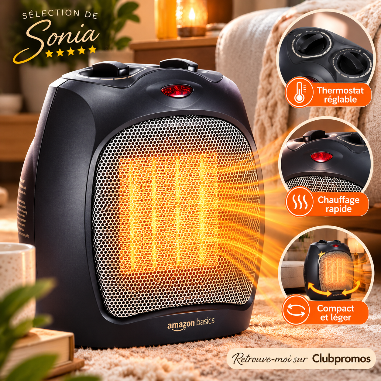Radiateur soufflant céramique Amazon Basics noir de 1 800 W avec thermostat réglable et fonction pivotante, proposé à 17,99 € au lieu de 34,47 €.