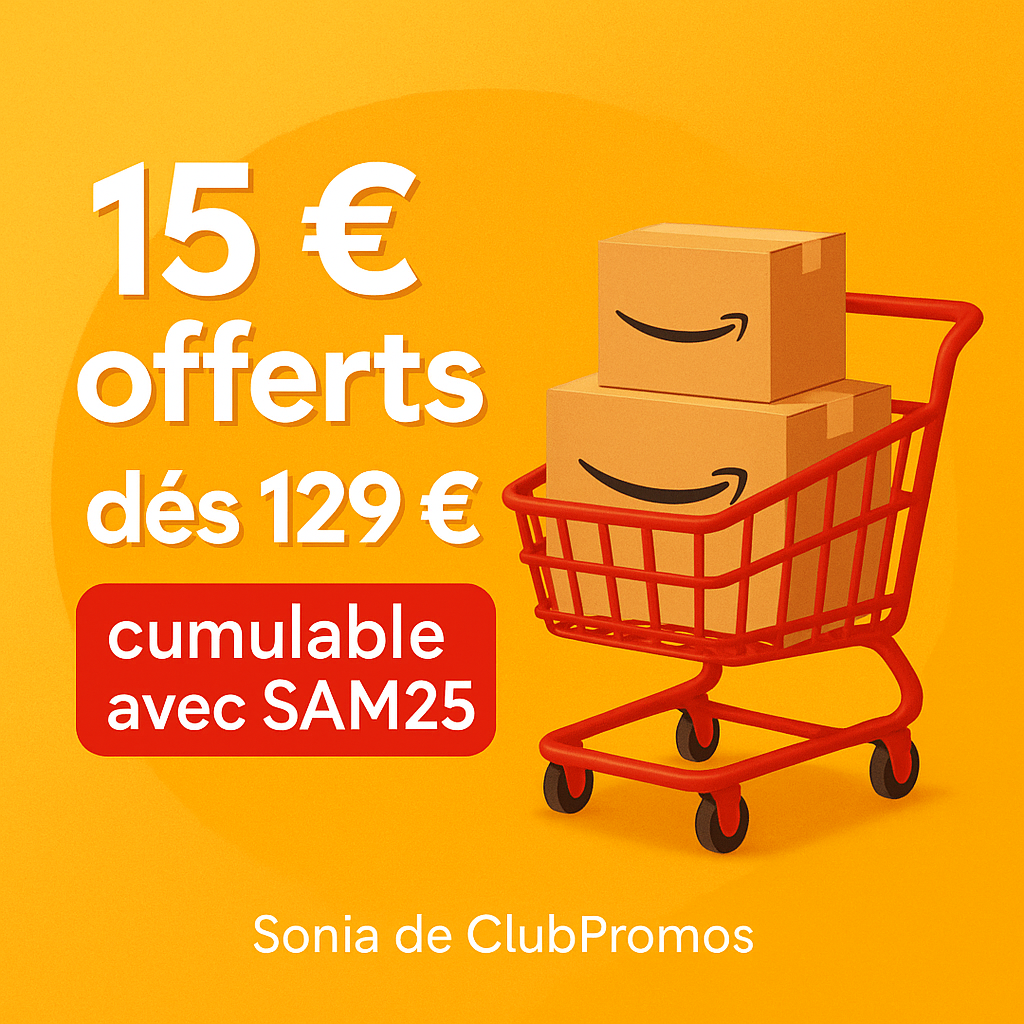 Visuel promotion Amazon mai 2025 – Offre exclusive : 15 € de réduction immédiate dès 129 € d’achats sur une large sélection de produits high-tech, maison, jouets, beauté et plus. Offre valable du 2 au 9 mai 2025 et cumulable avec le code promo SAM25. Opportunité parfaite pour économiser sur tes achats Amazon avec livraison rapide Prime