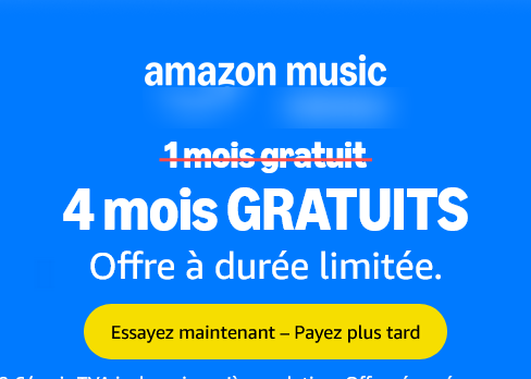 Offre exclusive : 4 mois gratuits sur Amazon Music Unlimited (abonnement individuel ou famille), économisez 71,96€. Écoutez 100 millions de titres sans pub, en streaming ou téléchargement