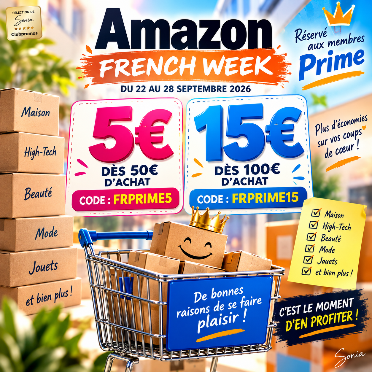 Amazon Prime 15 euros offerts dès 100 euros ou 5 euros dès 50 euros pendant la French Week 2026