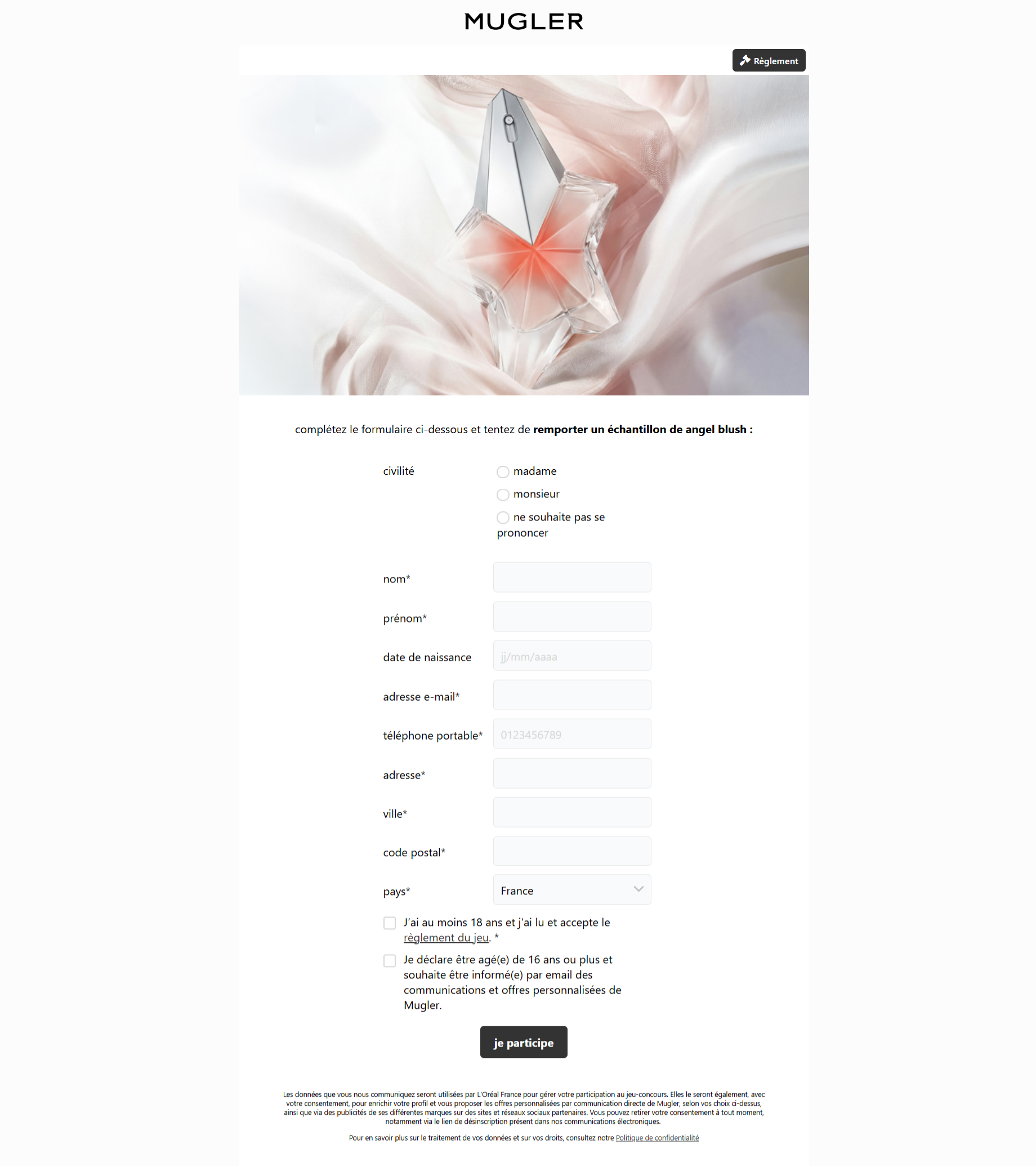 Échantillon gratuit du parfum Angel Blush de Mugler : une fragrance florale et fruitée, une invitation à découvrir l'audace et la douceur d'une nouvelle expérience parfumée.