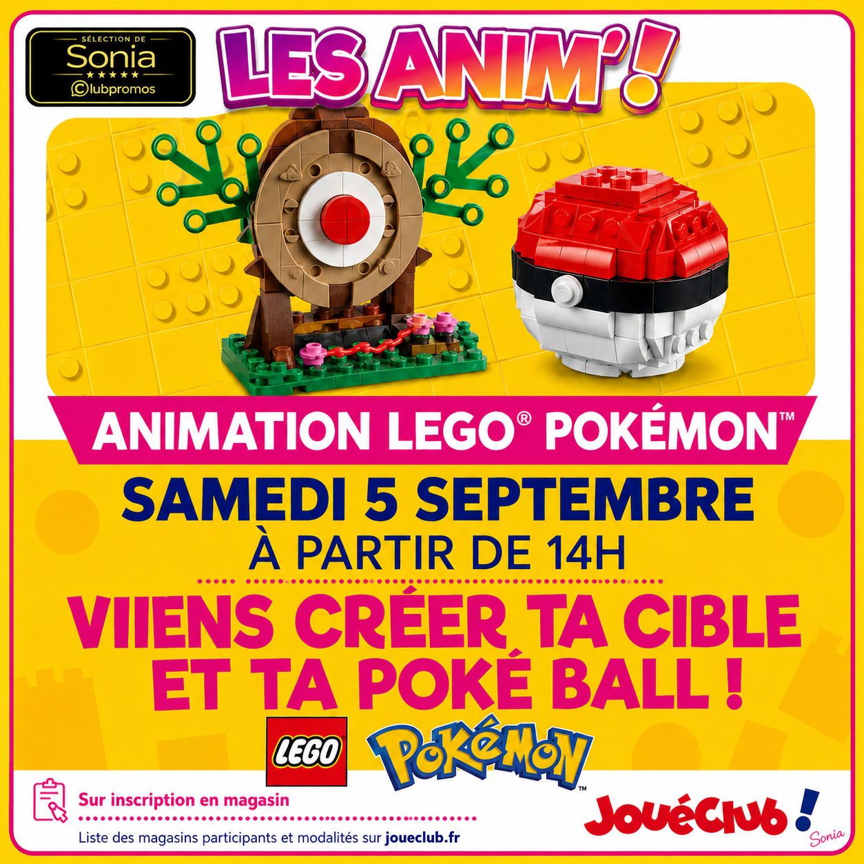 Animation LEGO Pokémon chez JouéClub le samedi 5 septembre 2026 à partir de 14h pour créer une cible et une Poké Ball
