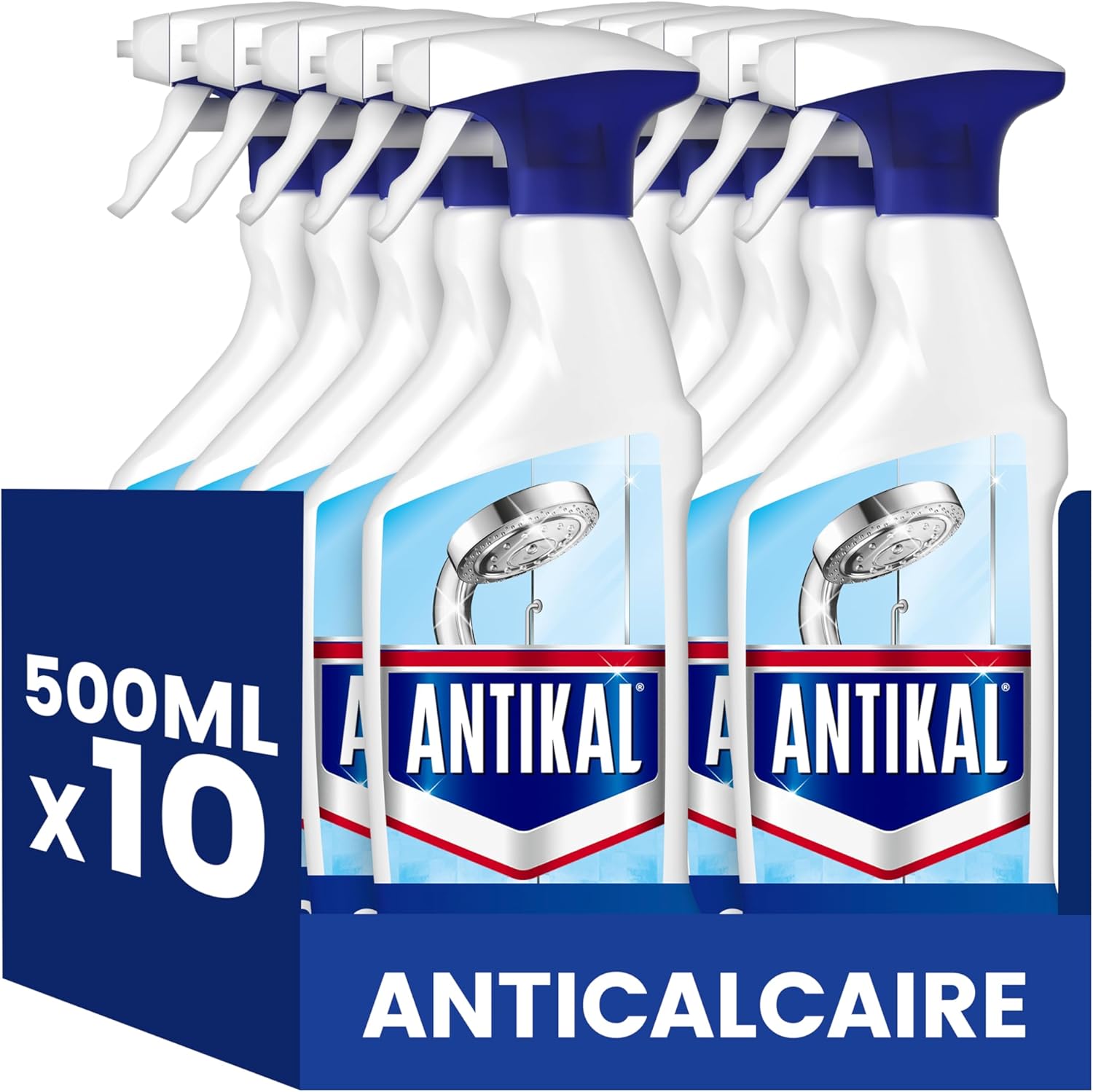  Antikal Spray pour Salle de Bain 500ml x10, élimine le calcaire, résidus de savon et les traces d’eau avec technologie anti-gouttes.