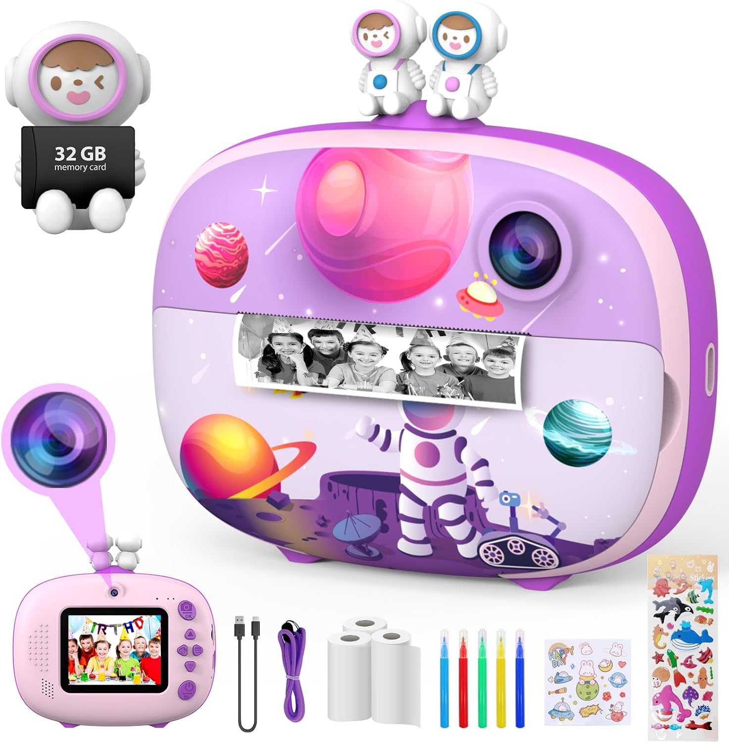 Appareil photo instantané pour enfants CHAKEYAKE en versions pourpre et bleue, avec double objectif, impression thermique sans encre, écran IPS 2,4 pouces, carte micro SD 32 Go et accessoires créatifs, présenté comme un bon plan Amazon pour un cadeau de Noël ou d’anniversaire pour enfants de 3 à 12 ans.