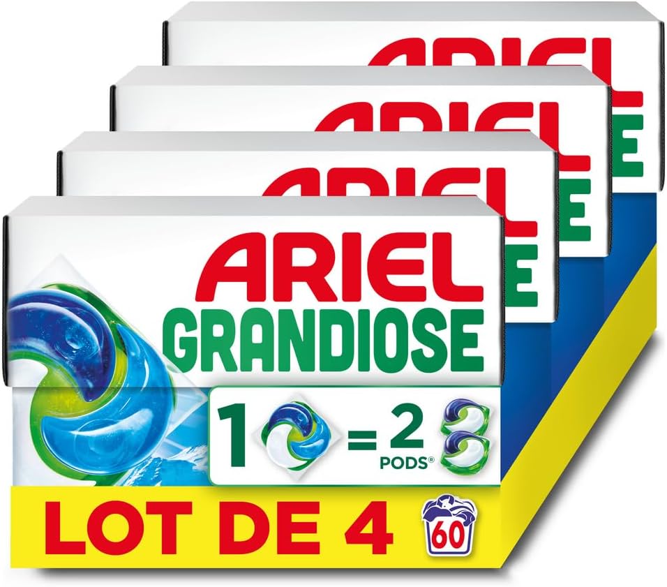 Capsules lessive Ariel Grandiose PODS 60 lavages – Fraîcheur alpine – Prix réduit sur Amazon – Promo capsules fabriquées en France – efficacité taches tenaces