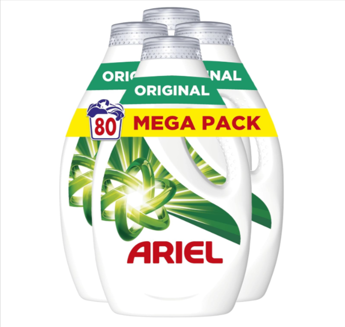 Pack Ariel Lessive Liquide Original, 4 bouteilles de 900 ml, 80 lavages, efficace à froid, fabriqué en France