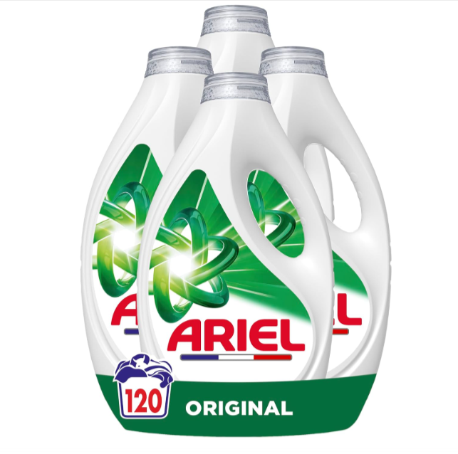 Visuel des lessives Ariel Original et Alpine, 100 lavages, action détachante en 1 seul lavage, fabrication française, bouchon de dosage disponible, parfums floral et fraîcheur Alpine, 2 mai 2026