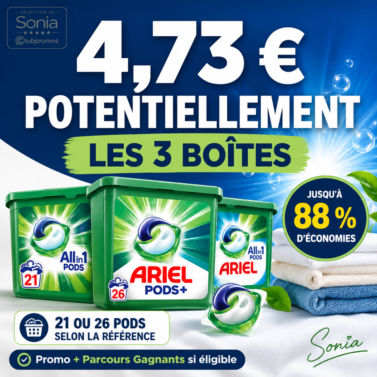 3 boîtes Ariel Pods 21 ou 26 lavages potentiellement à 4,73 € avec 70 % en Tickets E.Leclerc et Parcours Gagnants Ariel
