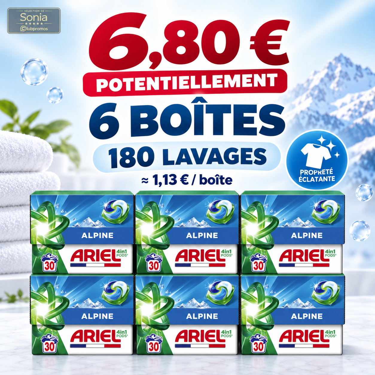 6 boîtes Ariel 4in1 Pods Alpine x30 potentiellement à 6,80 € soit environ 1,13 € la boîte et 0,038 € le lavage