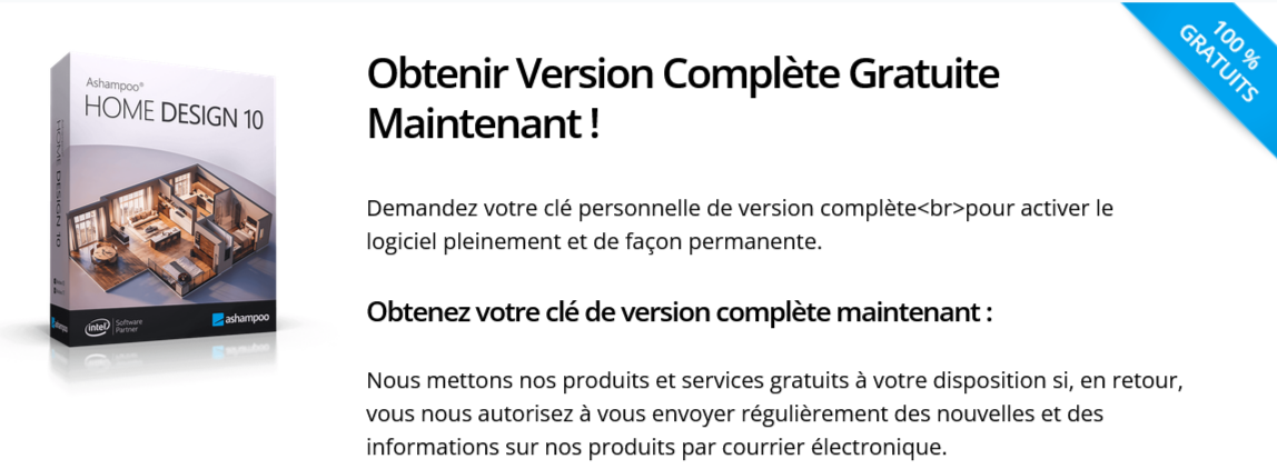 Interface du logiciel Ashampoo Home Design 10 montrant un projet d'aménagement intérieur en 3D avec licence à vie gratuite