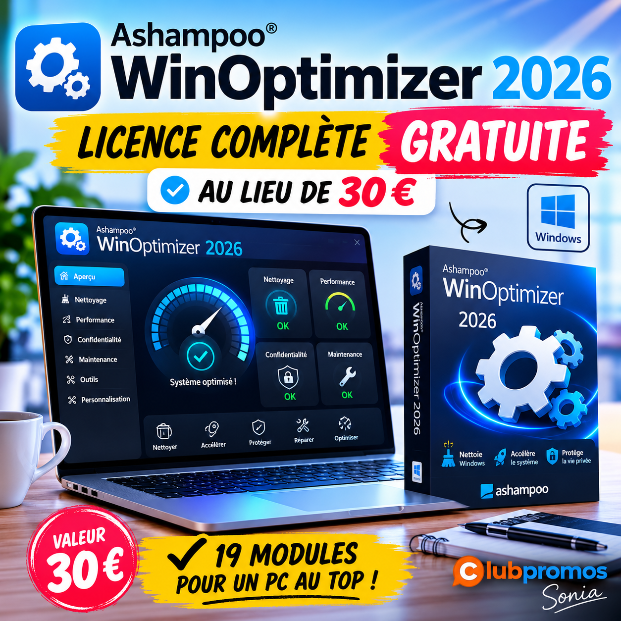 Licence gratuite Ashampoo WinOptimizer 2026 permettant d'optimiser et nettoyer un PC Windows avec 19 modules intégrés.