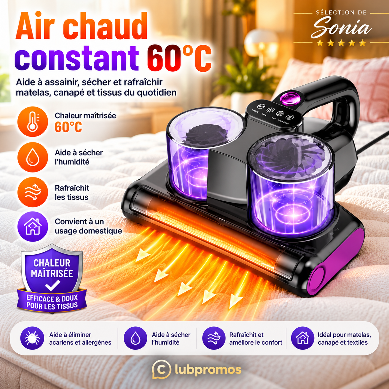 Bon plan Cdiscount sur un aspirateur pour matelas à 55,99 €, avec brosse rotative, aspiration 16 kPa et fonctions UV-C et chaleur.